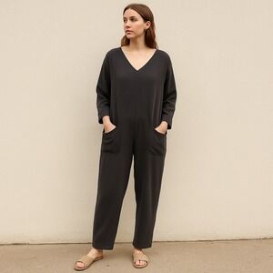 April Meets October Jumpsuit Womens One Size Black Textured V Neck Zipper Pocket